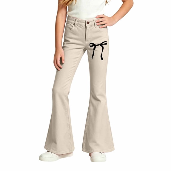 Landzoo Girls Flared Pants Bowknot Graphic Slim Fit High Waisted Fall Casual Kid Girls Trousers