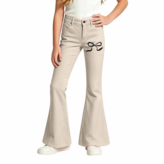 Landzoo Girls Flared Pants Bowknot Graphic Slim Fit High Waisted Fall Casual Kid Girls Trousers
