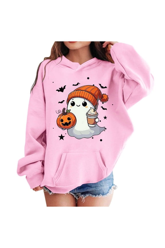 Toddler Boys Girls Helloween Tee Shirt Tiny Ghost Graphic Long Sleeve Hooded Autumn Daily Tops Kid Boys Girls Soft Hoodies Size 4-5 Years Pink