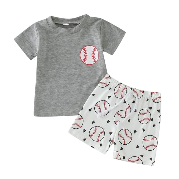 Landzoo Toddler Boys Girls Outfit Set Letter Print Short Sleeve Crew Neck Shirt With Baseball Print Shorts Outfit Summer Casual Boys Set Size 2-3 Years Grey