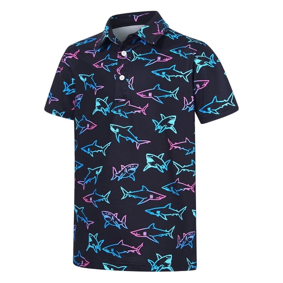 Landzoo Toddler Boys Shirt Cartoon Shark Print Short Sleeve Notch Neck Tees Summer Breathable Boys T-Shirt Size 3-4 Years Navy