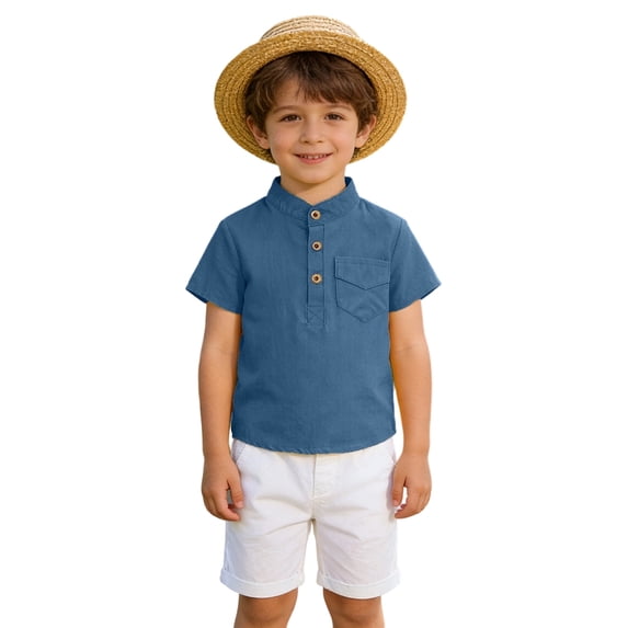 Landzoo Toddler Boys Shirt Solid Color Short Sleeve Mandarin Collar Tees Summer Breathable Boys T-Shirt Size 6-7 Years Navy