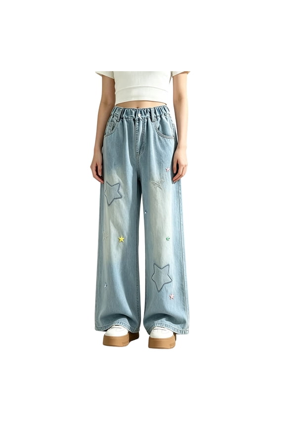 Toddler Girls Pants Star Print Elastic Waist With Pockets Summer Breathable Pants Size 5-6 Years Light blue