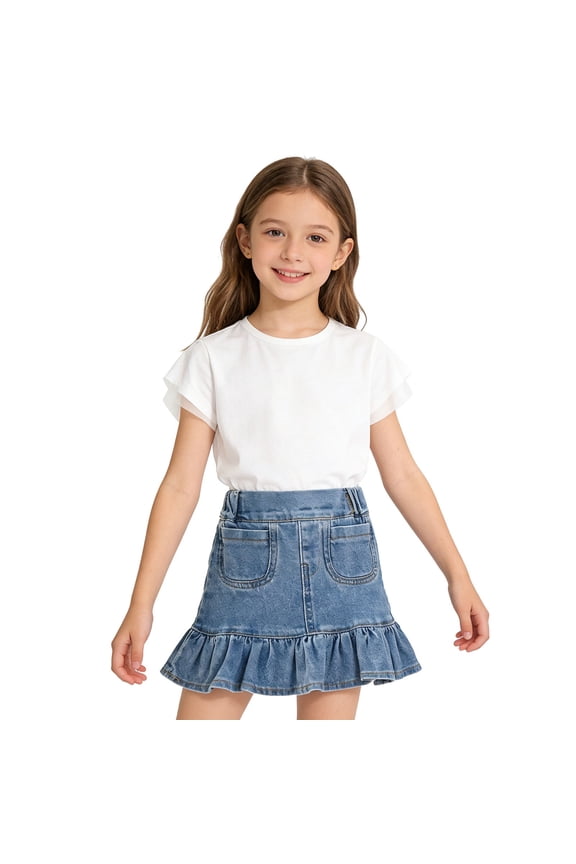 Toddler Girls Skirts Solid Color Elastic Waist A-Line Flutter Summer Breathable Girls Denim Skirt Size 4-5 Years Blue