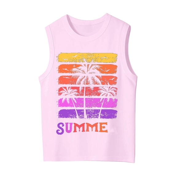 Landzoo Toddler Girls Tank Tops Coconut Tree Letter Print Sleeveless Crew Neck Tees Summer Comfortable Girls Vest Size 14-15 Years Pink