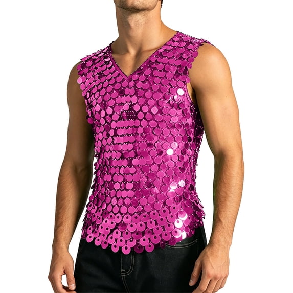 Landzoo Vest For Men Sequins Sleeveless V-Neck Undershirt Summer Breathable Men Tank Tops Size L Purple