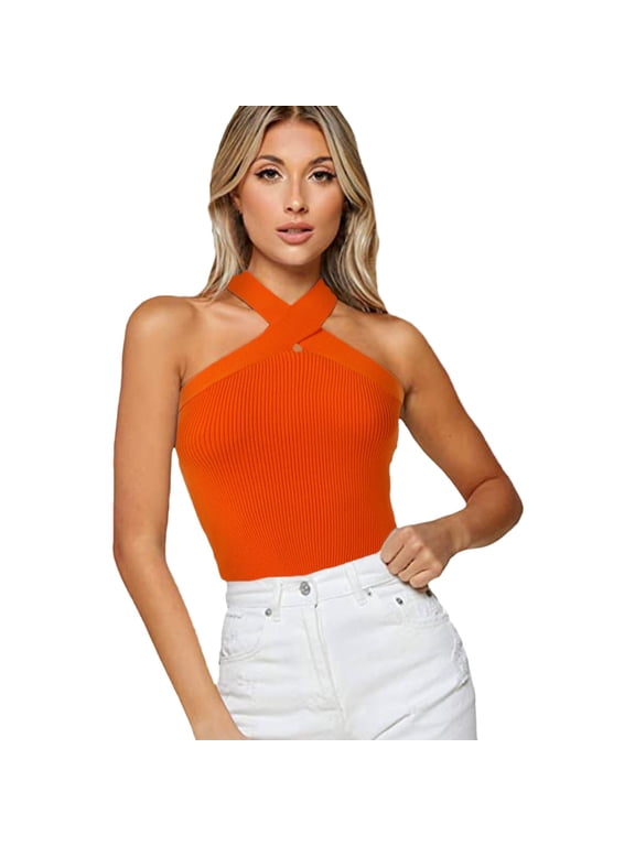 Vest For Women Solid Color Sleeveless Halter Undershirt Summer Breathable Women Tank Tops Size M Orange