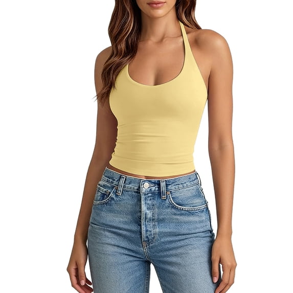 Landzoo Vest For Women Solid Color Sleeveless Halter Undershirt Summer Cozy Soft Women Tank Tops Size L Yellow