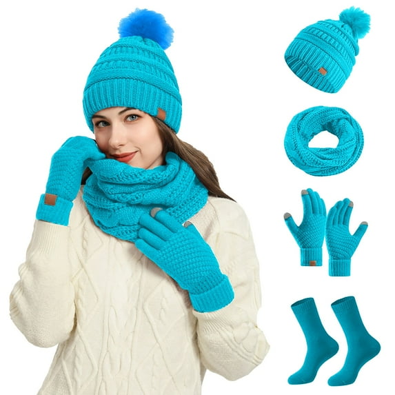 Landzoo Winter Women's Woolen Hat Bib Gloves And Socks 4 Piece Set Autumn Winter Warmth Set