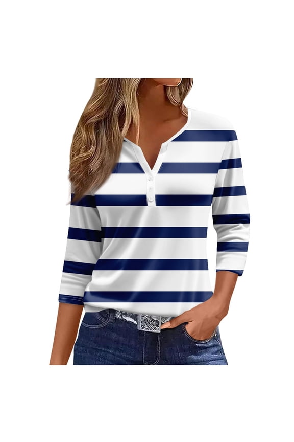 Women'S T Shirt Striped Print Long Sleeve V-Neck Shirt Summer Cozy Soft Women Tees Size S Navy