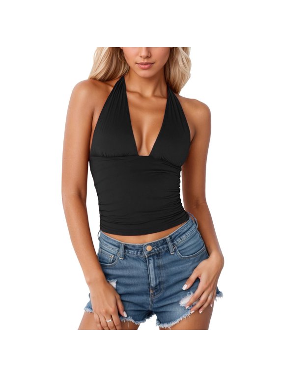 Women'S Tank Tops Solid Color Sleeveless Halter Undershirt Summer Quick Dry Women Vest Size S Black
