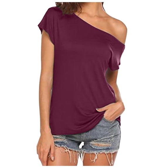 Landzoo Women'S Tops Solid Color Short Sleeve One-Shoulder Shirt Summer Comfortable Women T Shirt Size XL Red