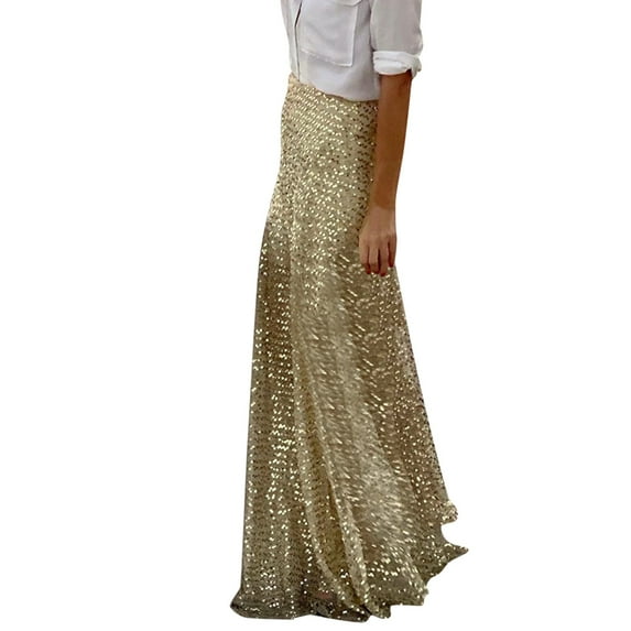 Landzoo Women Skirts Elastic Waist Gold Sequin Glitter Skirt Elegant Slim Fit Holiday Long Female Floor Length Skirt Fashionable Comfortable Casual Women's Skirt