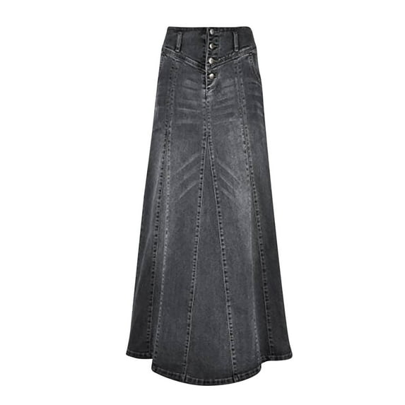 Landzoo Women's Retro Exposure Button Fly Packaged A Line Maxi Long Denim Skirt Comfortable Casual Women's Skirt