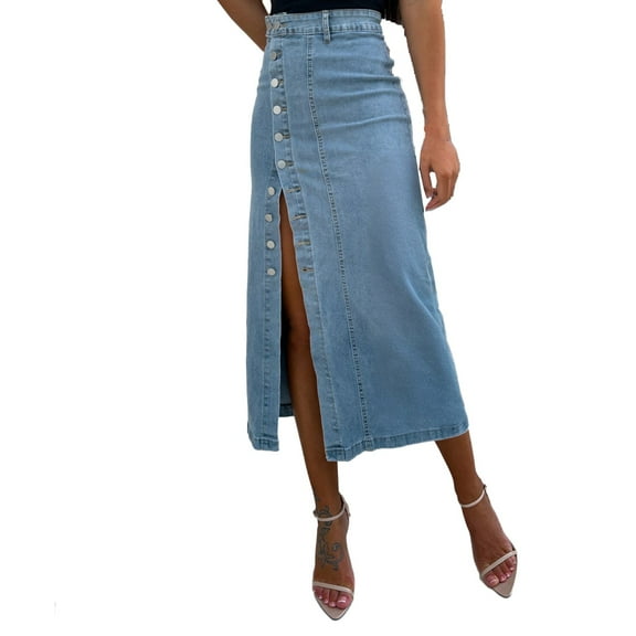 Landzoo Womens Casual Slit Denim Midi Jean Skirt Stretch High Waist Button Up With Pockets Comfortable Casual Women's Skirt