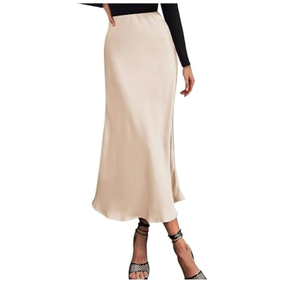 Landzoo Womens Elegant High Waist Skirt Solid Color Satin Dress Elegant Elastic Waist Skirt Comfortable Casual Women's Skirt