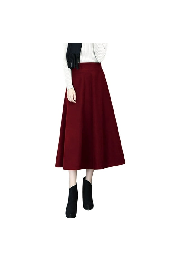 Womens Winter Vintage High Elastic Waist A Line Pleated Wool Midi Skirt Lady Skirt Cozy Distinctive Women's Skirt