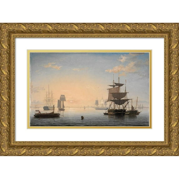 Lane, Fitz Henry 18x13 Gold Ornate Wood Framed with Double Matting Museum Art Print Titled - Harbor of Boston with the City in the Distance