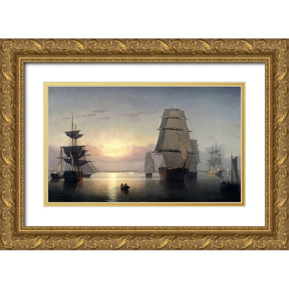 Lane, Fitz Hugh 24x16 Gold Ornate Wood Framed with Double Matting Museum Art Print Titled - Boston Harbor, Sunset