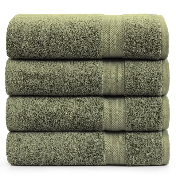 LANE LINEN 100% Cotton Bath Towels, Set of 4 - Soft, Absorbent & Quick-Dry, Dobby Border - Oil Green