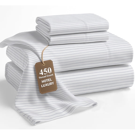 LANE LINEN 100% Cotton Sheet Set - 450 Thread Count Full Bed Sheets, Soft Sateen Weave with Subtle Sheen, Fits up to 15" Mattress - Ticking Stripe-Cobalt Blue