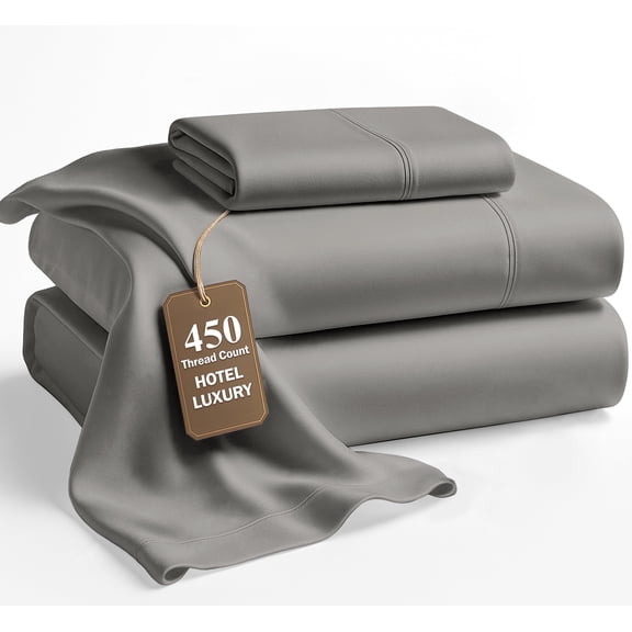 LANE LINEN 100% Cotton Sheets Set - Twin Sheet Set 450 Thread Count, Silky Soft Sateen Weave, 15" Deep Pocket Fitted Sheet, Breathable & Cooling - Paloma Grey