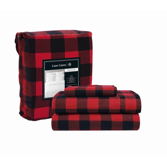 Lane Linen 100% Cotton Twin Flannel Sheets Set - Brushed for Extra Softness - Lightweight & Durable Cotton Flannel Twin Sheets Set - Warm & Cozy Fall Bed Sheets, 15" Deep Pocket - Buffalo Checks Red