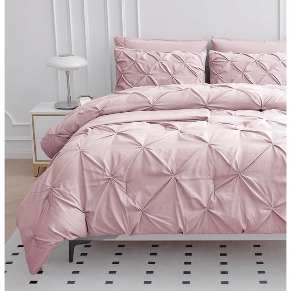 Lane Linen King Size Comforter Set - 7 Piece Bedding, Pintuck Bed in a Bag, Pink With Sheets, Pillowcases & Shams - Pinch Pleated, Sepia Rose