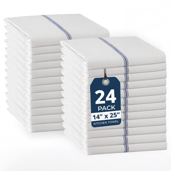 LANE LINEN 24 Pack Bulk Dish Towels for Kitchen - 100% Cotton Kitchen Towels Set, Super Absorbent - Blue Stripe