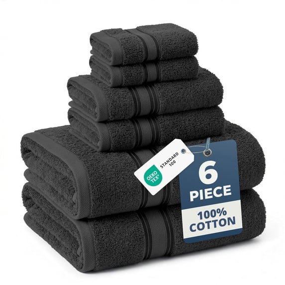 LANE LINEN 6 Pc Zero-Twist Bath Towel Set - 100% Cotton, Buttery-Soft, Durable & Everyday-Ready - Black
