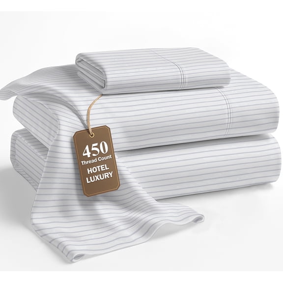 LANE LINEN 100% Cotton Sheet Set - 450 Thread Count Twin Bed Sheets, Soft Sateen Weave with Subtle Sheen, Fits up to 15" Mattress - Ticking Stripe-Cobalt Blue