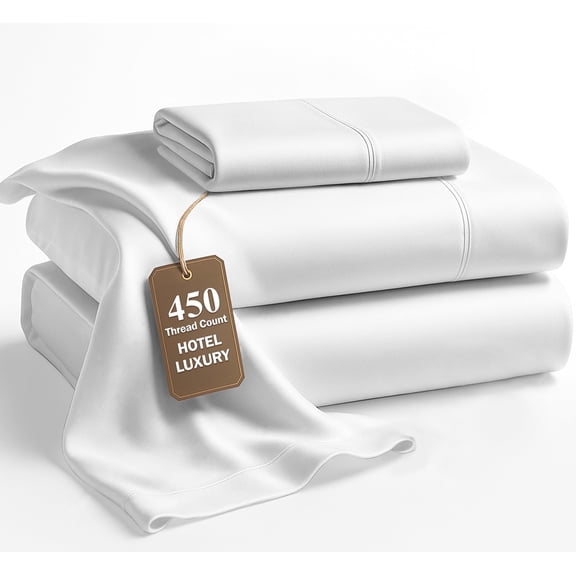 LANE LINEN 100% Cotton Sheets Set - 450 Thread Count Sheets Twin, Silky Soft Sateen Weave, 15" Deep Pocket Fitted Sheet, Soft & Breathable - White
