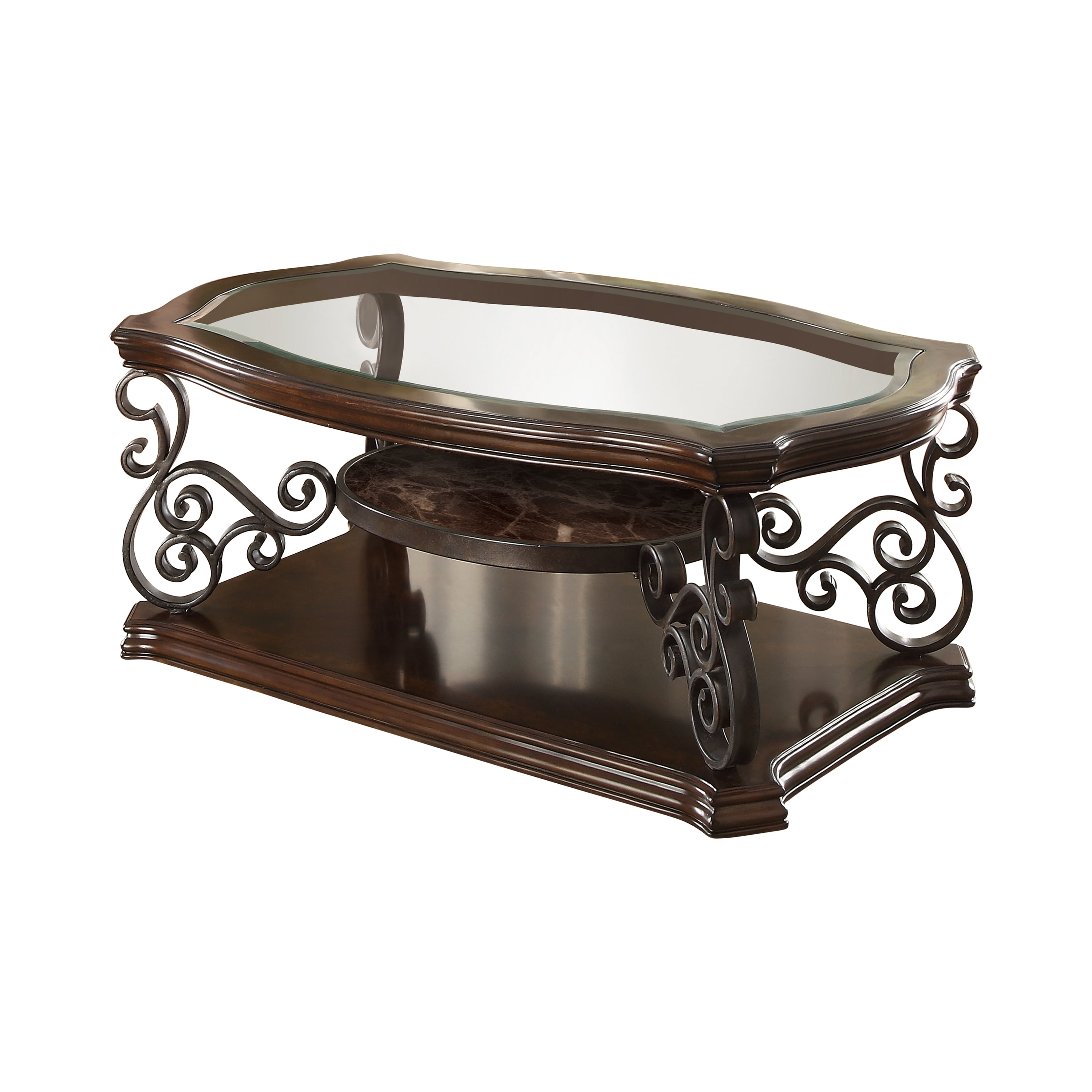 Merlot Wood and Metal Scrollwork Coffee Table with Glass Top