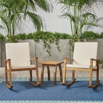 Laney Outdoor 3 Piece Acacia Wood Rocking Conversation Set with Cushions, Teak, Cream