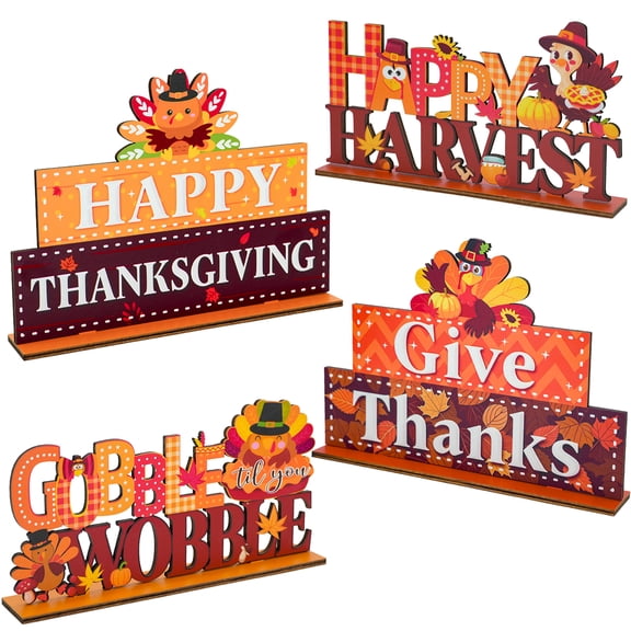 Lanfubeisi 4 Pcs Thanksgiving Wooden Tabletop Signs, Fall Harvest Table Centerpieces Decor with Turkey & "Gobble Til You Wobble" Quotes