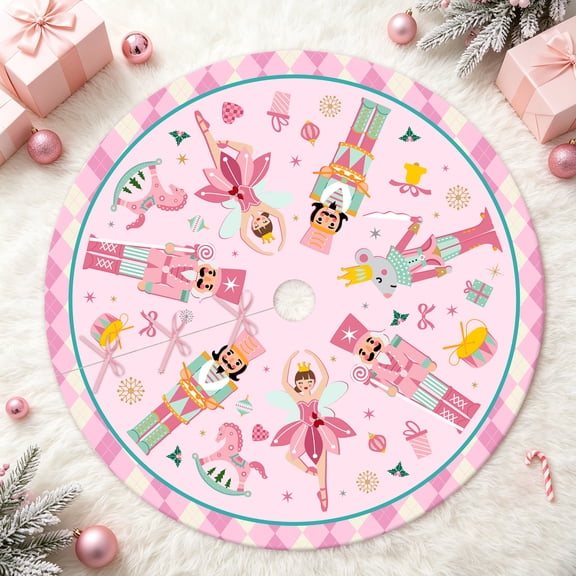 Lanfubeisi 48 inch Pink Nutcracker Tree Skirt, Pastel Sugar Plum Fairy Christmas Holiday Decor.