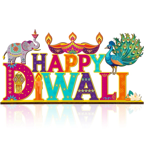 Lanfubeisi Happy Diwali Wooden Table Centerpiece Sign Retro Peacock Elephant Diya Design Indian Deepavali Party Festival of Lights Tabletop Decoration