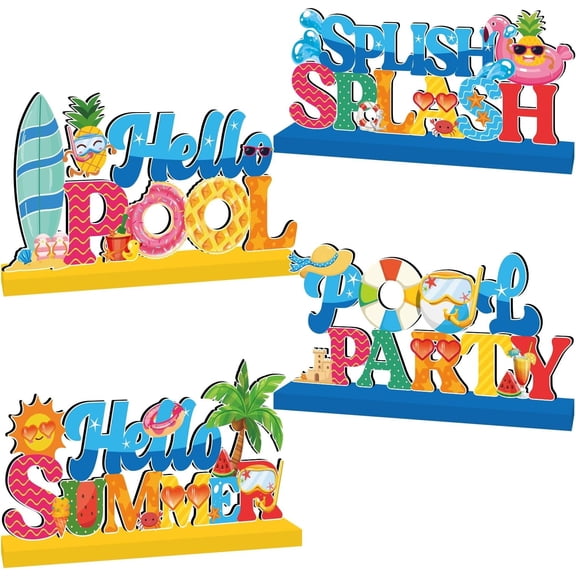 Lanfubeisi Pool Party Decorations Wood Table Centerpieces 4pcs Hello Summer Splish Splash Hawaii Tropic Wooden Tabletop Decor for Summer Party Holiday