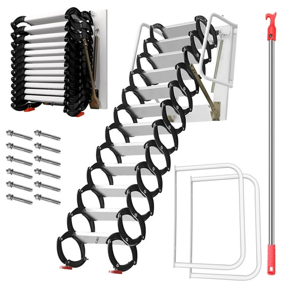 Lanfys Wall-Mounted Stairs, 10 FT 12 Steps Loft Wall Step, 660 Lbs Load Antislip Attic Telescoping Ladder with Armrests, for Home Loft, Storage Room, Attic Access, Black