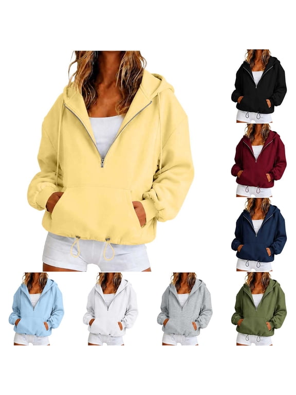 1/2 Zip Pullover Women Long Sleeve Drawstring Hem Hooded Sweatshirts Half Zip Up Hooded Sweaters with Kangaroo Pocket Green,S
