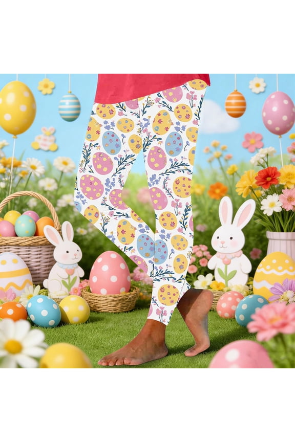 2026 Easter Day Leggings for Women Casual Cute Bunny Eggs Printed Workout Pant High Waist Soft Tummy Control Workout Yoga Pants Yellow,S