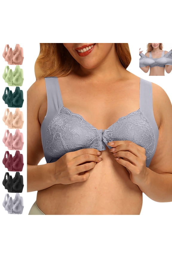 2PC Women's Lace Front Closure Bra Plus Size No Underwire Push Up Bras Wireless Seamless Bralette Support Tshirt Bra for Large Breasts