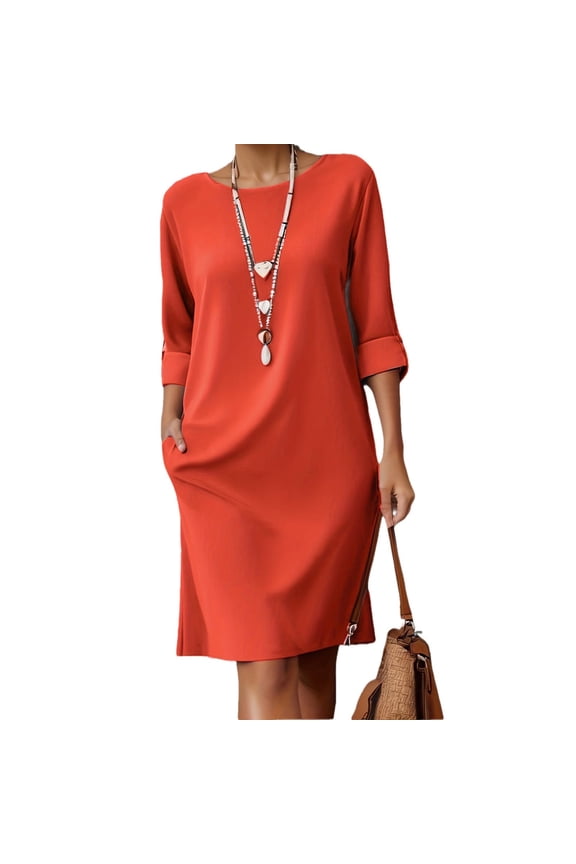 3/4 Cotton Linen Dresses for Women Crewneck Midi Dress Loose Fit Summer Casual Shift Dress Beach Vacation Party Shirt Dress with Pockets Red,S