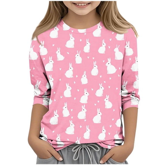 LangJing 3/4 Sleeve Easter Shirts for Teen 3-13Y Crewneck Holiday Tops Vacation Shirt Cute Bunny Eggs Graphic Basic Tees Multicolor 5-6Years