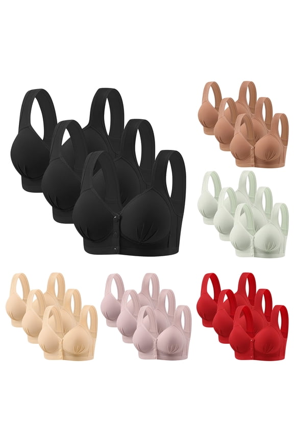 3PC Front Closure Bras for Older Women No Underwire Front Closure Comfort Senior Wireless Snap Closing T-Shirt Bra
