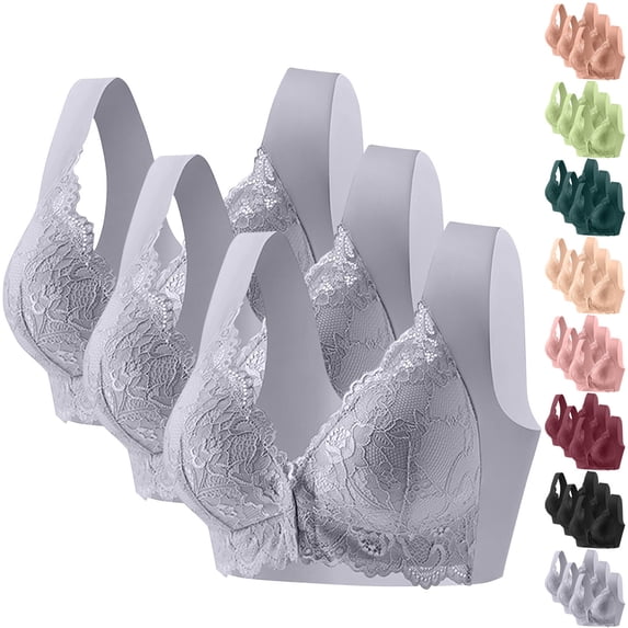 LangJing 3PC Lace Bras for Women Front Closure No Underwire Plus Size Push Up Bra Comfort Supportive Snap Everyday Tshirt Bras for Senior