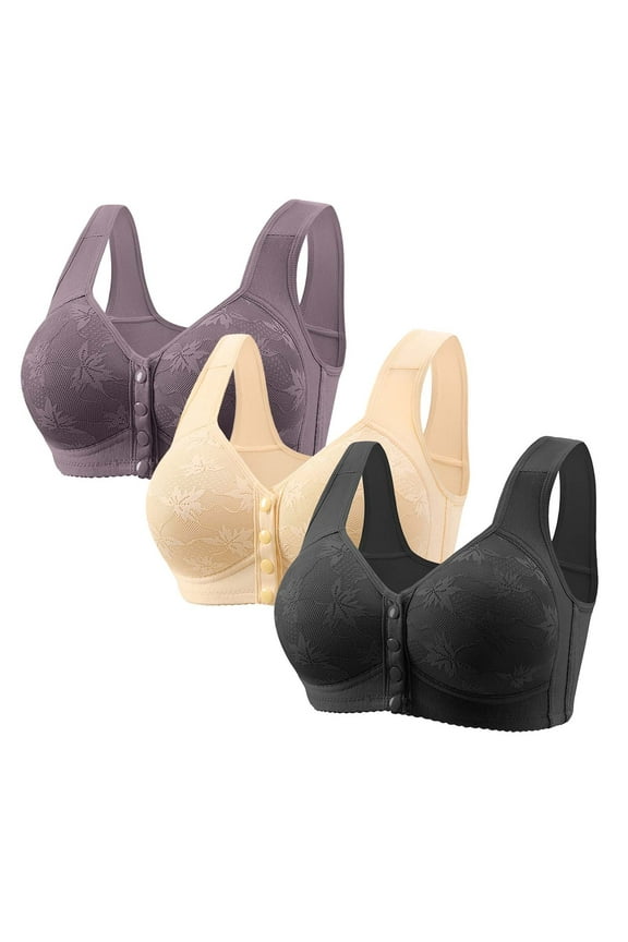 3PC Womens Front Snaps Closure Wireless Bra Plus Size Supportive Seamless Bras Full Coverage Push Up Comfortable No Underwire Tshirt Bras