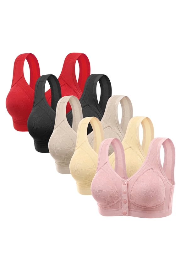 5PC Women's Front Closure Wireless Bra Push Up Supportive Bras for Old Women Full Coverage No Underwire Comfortable Tshirt Bra