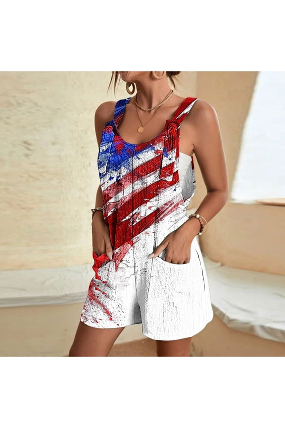 American Flag Patriotic Rompers for Women Summer Casual Sleeveless Short Overalls Adjustable 4th of July Shorts Jumpsuit with Pockets White,XXXL
