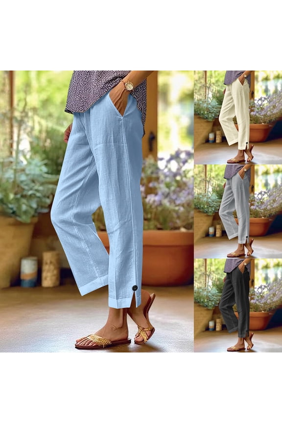 Beach Pants Women Elastic Waist Straight Leg Gauze Pants Summer Casual Loose Comfy Split Hem Trouser with Pockets Black,S